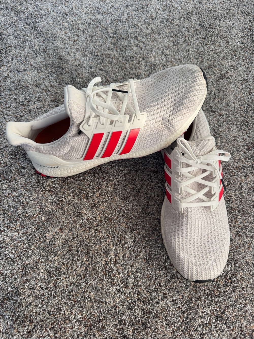 adidas Men’s White Knit Sneakers with Red Stripes